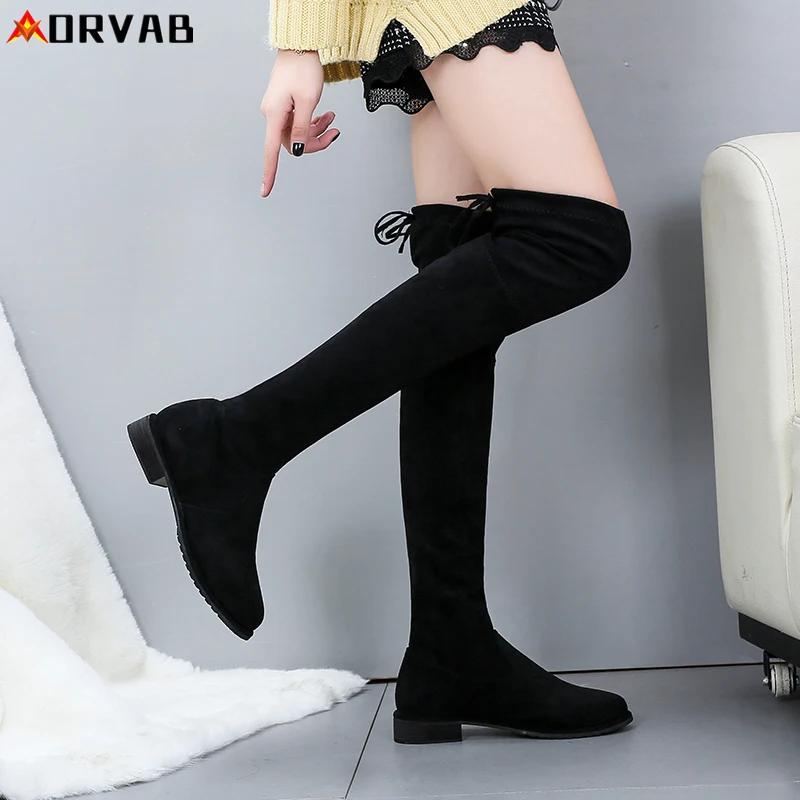 Women Boots Thigh High Boots High Quality Elasticity Flock Platform Autumn Winter Over The Knee Boots Black Fur Warm Shoes Woman