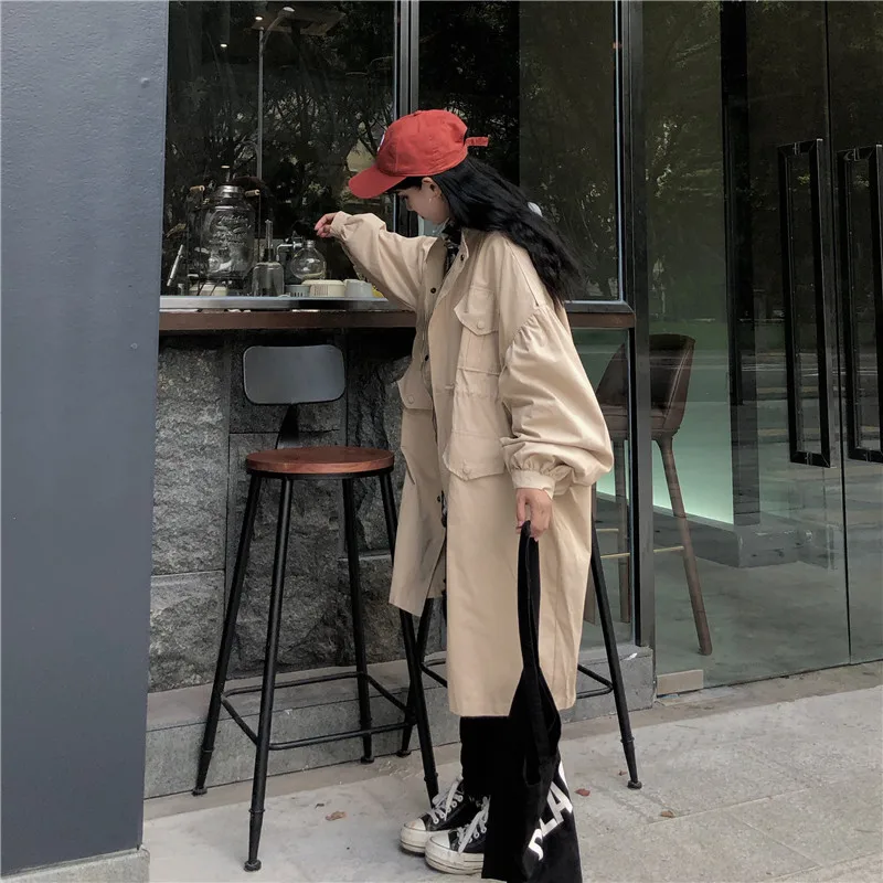 Fox Mrs. Autumn High Waist Drawstring Waist Hugging Mid-length Stand Collar Loose-Fit Coat Lantern Sleeve Trench Coat Women's