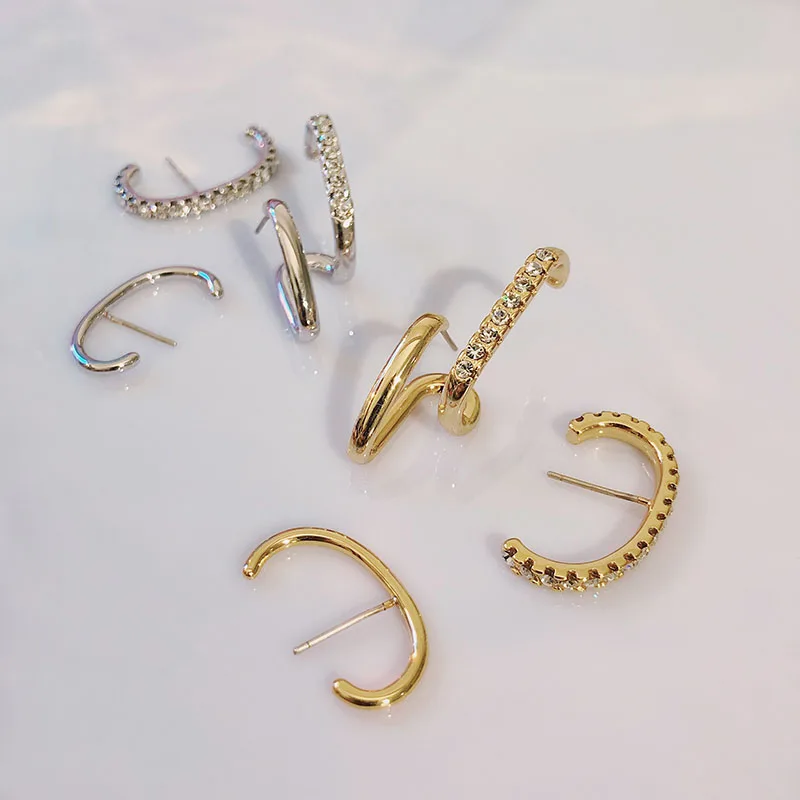

3pcs/Set 2019 New Silver Gold Geometric C Wave Twisted Fake Double Circle Crystsal Stud Earrings for Women Fashion Jewelry Chic Party Runway Accessories