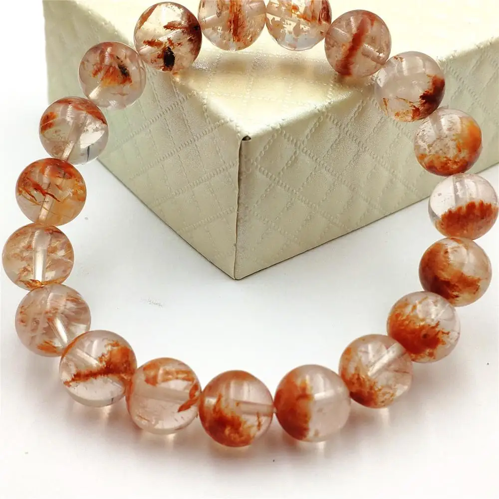 

Genuine Natural Orange White Sericite Snow Red Phantom Bracelet Crystal 11mm Clear Round Bead Stretch Best Jewelry AAAAA