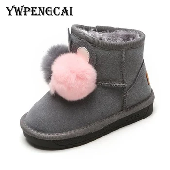 

Size 21-37 Toddler Girl Boots Fur Ball Warm Plush Wool Kids Snow Boots Winter Waterproof Genuine Leather Fur Girls Boots