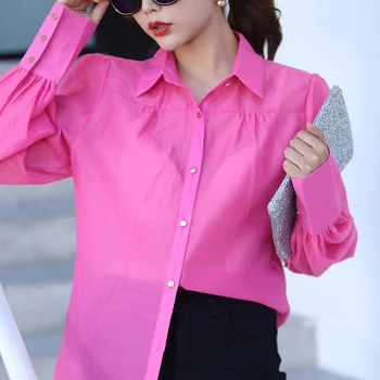 

Women Red White Long Lantern Sleeve Shirts Button Office Ladies Tops 2020 Spring Autumn Solid Loose Shirt Female Clothes