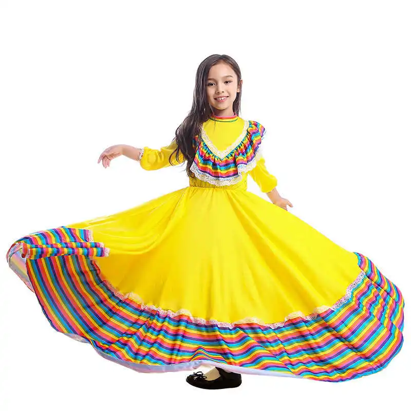 Traditional Mexican Girl Long Dress Dance Clothing Children's Day Kid Girls Stage Performance Clothes Cosplay Jumpsuit | Тематическая
