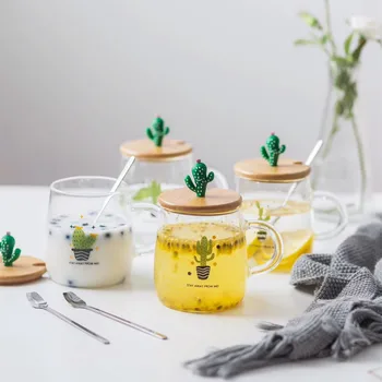 

Cute Cactus Transparent Water Glass with 3d Bonsai Wooden Lid Heat Resistant High Borosilicate Cartoon Coffee Milk Cup for Adult