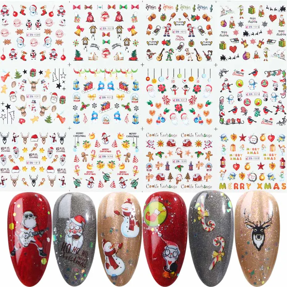 BN1009-1020 12 шт. рождественские наклейки для ногтей Санта-Клаус Лось Снеговик переводная наклейка на Рождество мультфильм зима год Маникюрный Инструмент JIBN/A-1 - Цвет: BN1009-1020
