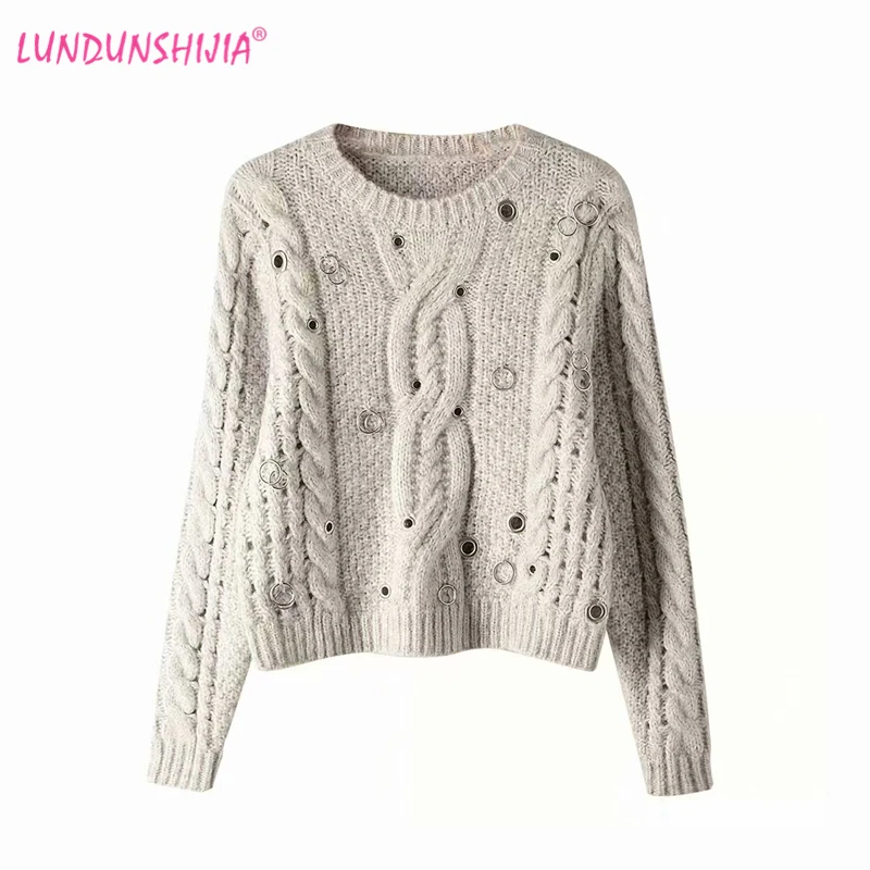 

LUNDUNSHIJIA 2019 Autumn Women Crocheted Sweaters O-neck Long Sleeve Short Style Pullovers Iron Ring Decoration Fashion Sweaters