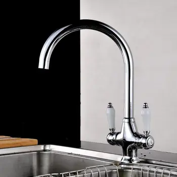 

Traditional Swivel Twin Lever Kitchen Sink Mixer Taps Chrome Monobloc Basin