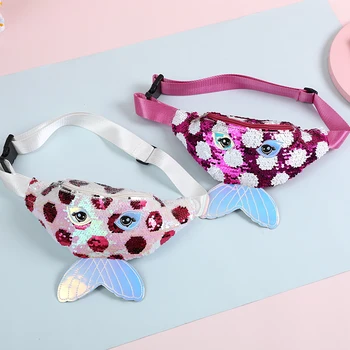 

Cute Chest Pack Women Girls Big Eyes Printing Splicing Sequin Fish Tail Waist Bags Fashion Zipper Semicircle Crossbody Bag