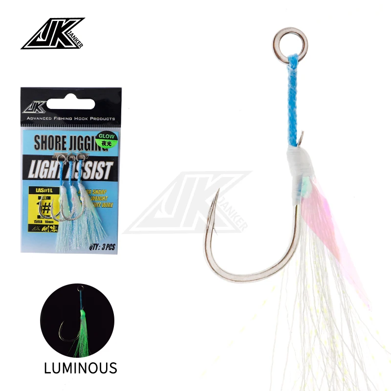 

JK 3packs Metal Jig Assist Hook With PE Line Glow Feather Solid Ring Jigging Spoon Saltwater Fishhooks For 30~250g Lure Jig