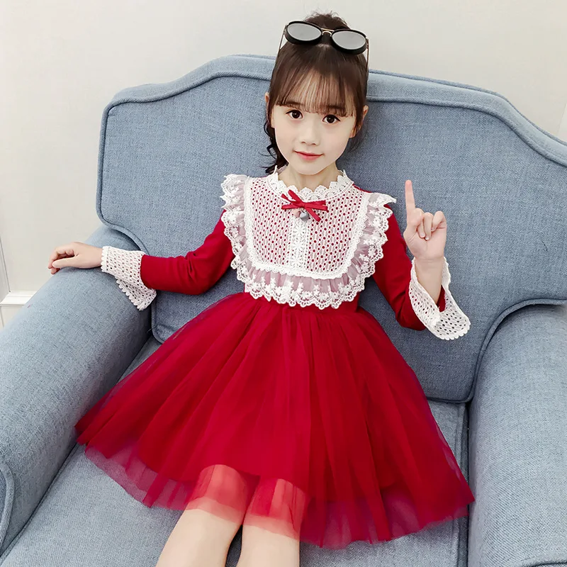 

2020 Spring Autumn Teens Kids Cotton Lace Collor Dress for Baby Girls 3-13 years Dress Fashion Cute Long Sleeve Red Mesh Dresses