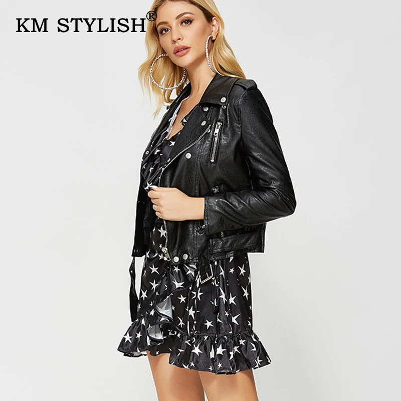 New Women PU Short Coat PU Leather Slim Zipper Casual Locomotive Jacket Turn-down Collar Sashes Female Coat Long-sleeve 3 Colors