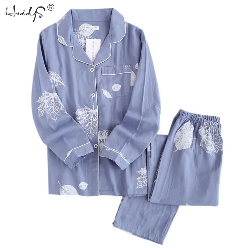 Хлопковый зимний женский пижамный комплект с длинными рукавами одежда для сна с героями мультфильмов осенние пижамы большого размера костюм домашняя одежда Комплекты из 2 предметов - Цвет: Blue maple leaf