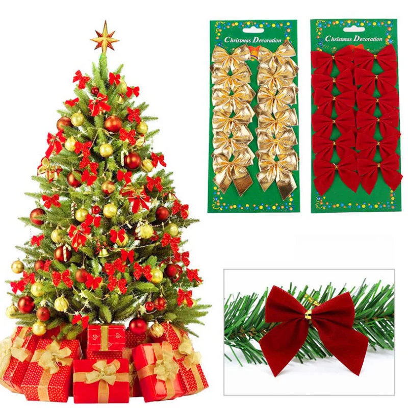 

Christmas Tree Decorations Gold Silver Red Christmas Bows Mini Gift Bow DIY Party Favors Bowknot Christmas Decor For Home 12PCS