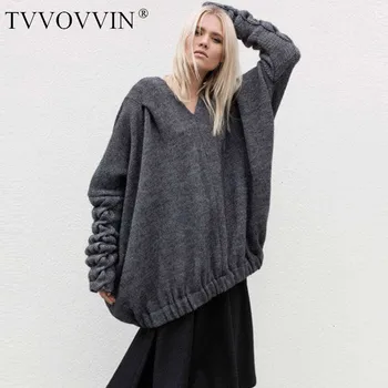 

TVVOVVIN Temperament Pullover 2019 Autumn Winter V Lead Bawing Sleeve Knitting Hollow Out Loose Plus Size Sweater Woman X719