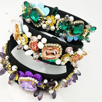 

Wedding jewelry wide headband Women's vintage handmade faux pearl rhinestones Beading hairband light Sequin girly bow headwear