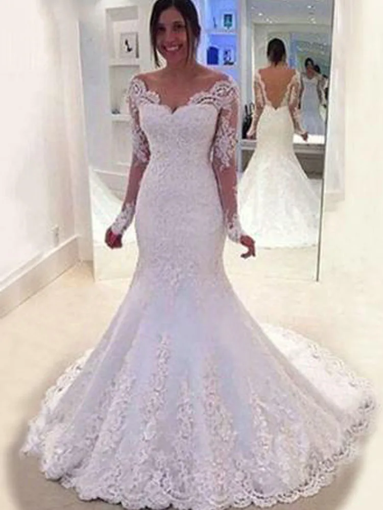 Vestidos De Noiva, v-образный вырез, кружевное свадебное платье русалки, свадебные платья с глубоким вырезом на спине, длинные рукава, бисероплетение, свадебные платья, свадебное платье