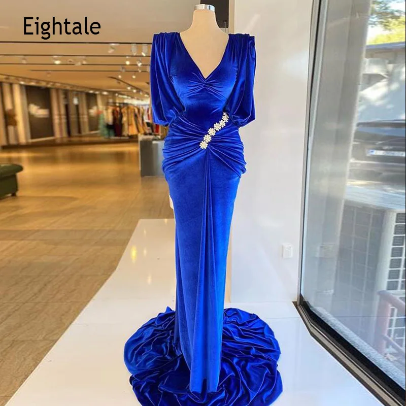 

Eightale Arabic Evening Dresses Dubai V-Neck Short Sleeves Velvet Pleats Appliques Royal Blue Mermaid Formal Prom Party Dress
