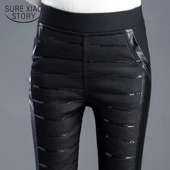 

Pencil Pants Women Velvet Pu Leather Splice Thicken High Waist Autumn Winter Elastic Waist Warm Cotton Pants Trousers 7752 50