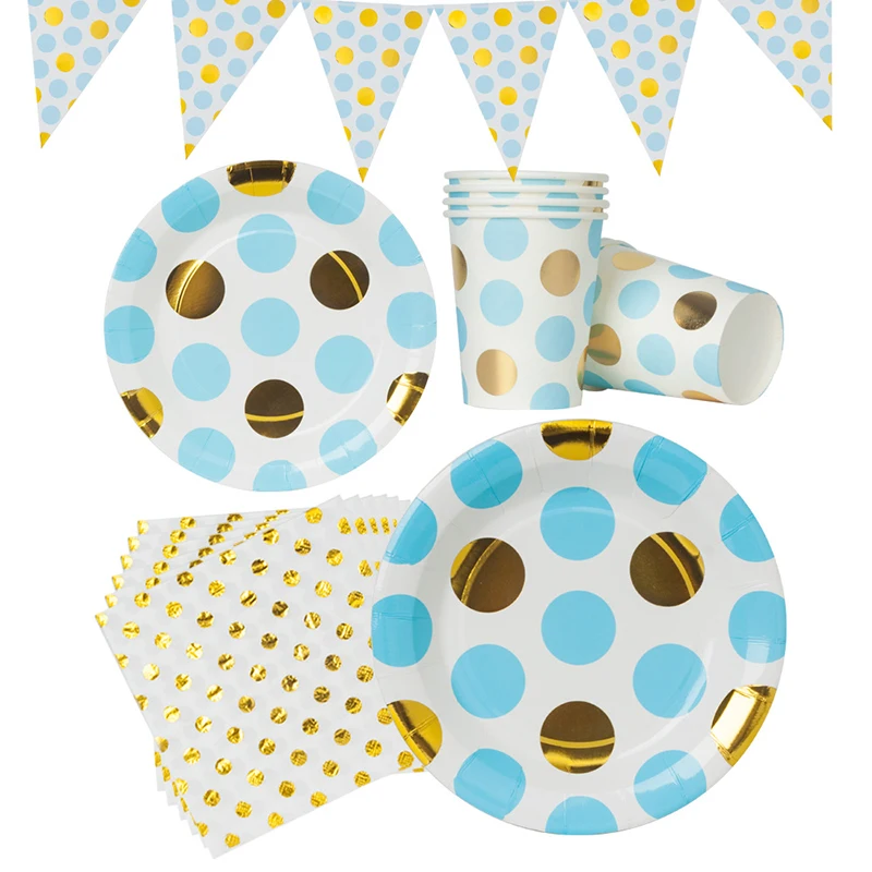 Gold Foil Polka Dots Theme Paper Dishes Blue Birthday Wedding Party Baby Shower Supplies Disposable Tableware | Дом и сад