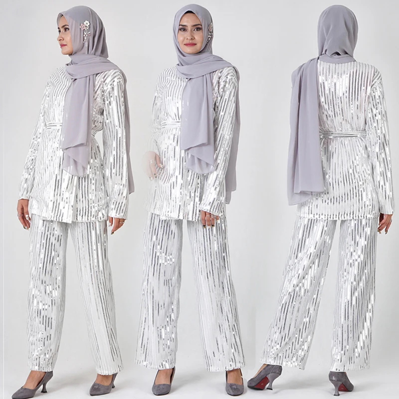 Комплект из двух предметов с блестками для женщин; Roupas Feminina abaya; Дубай; мусульманский топ; ансамбль; Femme Musulmane; комплект из 2 предметов; Pantalon; комплект из двух предметов