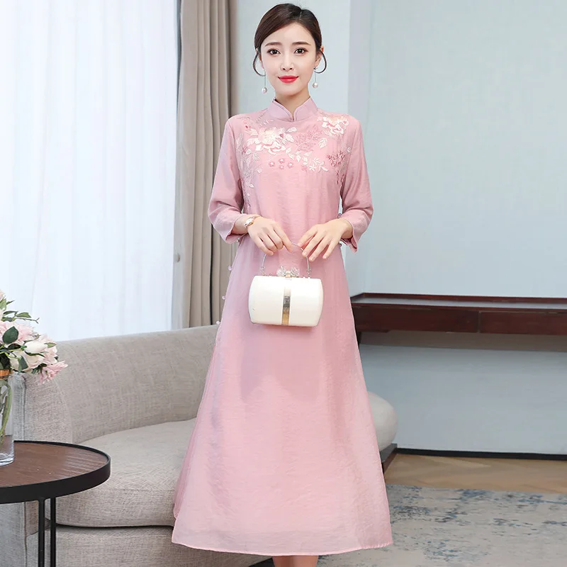 

2020 New Style Spring And Summer-Improved Cheongsam Retro Loose Chinese-style Embroidered Ethnic-Style Long Literature And Art D