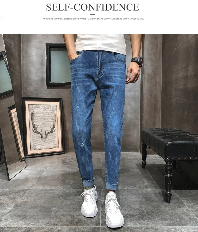 Новые осенние мужские узкие джинсы, модные однотонные повседневные джинсовые штаны, мужские уличные штаны в стиле хип-хоп, мужские рваные