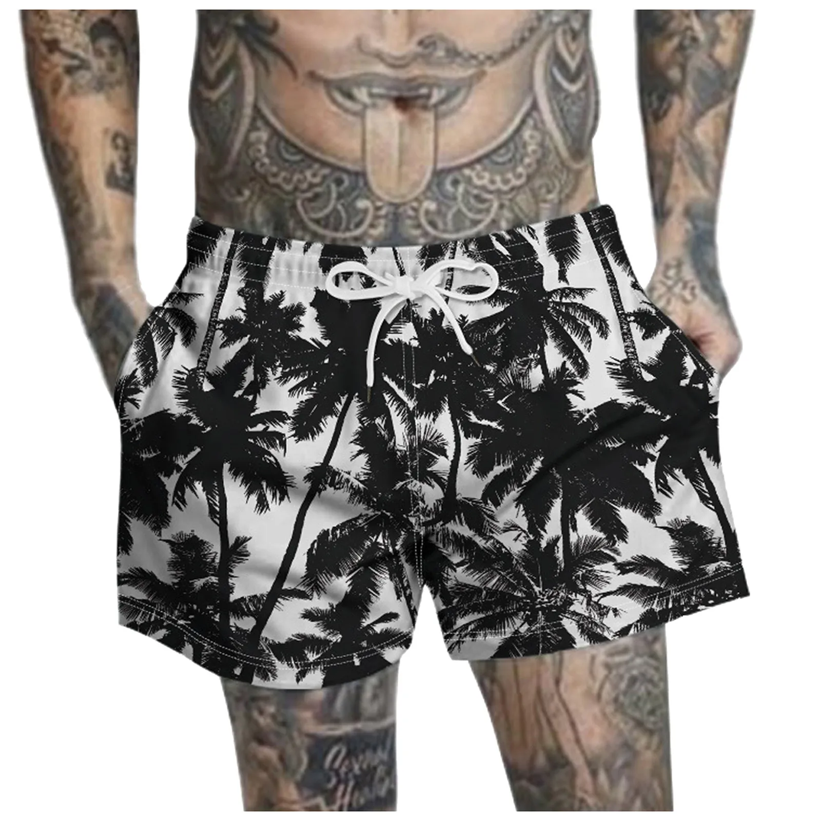 

Summer Men's Shorts Drawstring Palm Tree Printed Beach Casual Mens Trousers Pocket Board Shorts Beachwear Surf Shorts For Male