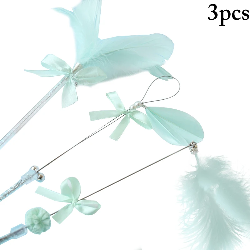 3pcs Cat Teaser Toy Faux Feather Bow Flexible Bell Kitten Teaser Wand Pet Training Toy Premium Plastic Pet Supplies 4 Colors