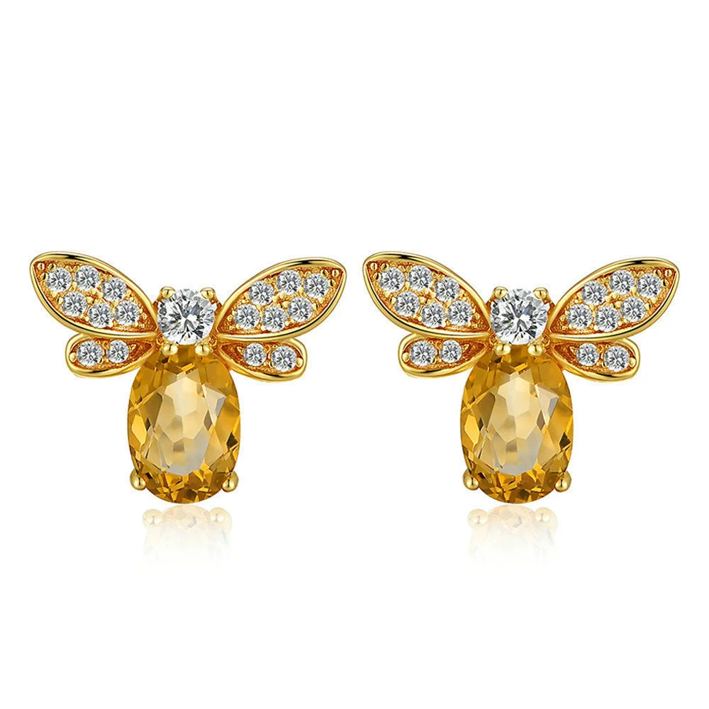 

925 Silver Color Earring Jewelry for Women Natural Gemstone Stone 925 Stud Earrings Bee 14K Gold Earrings Wedding Jewelry