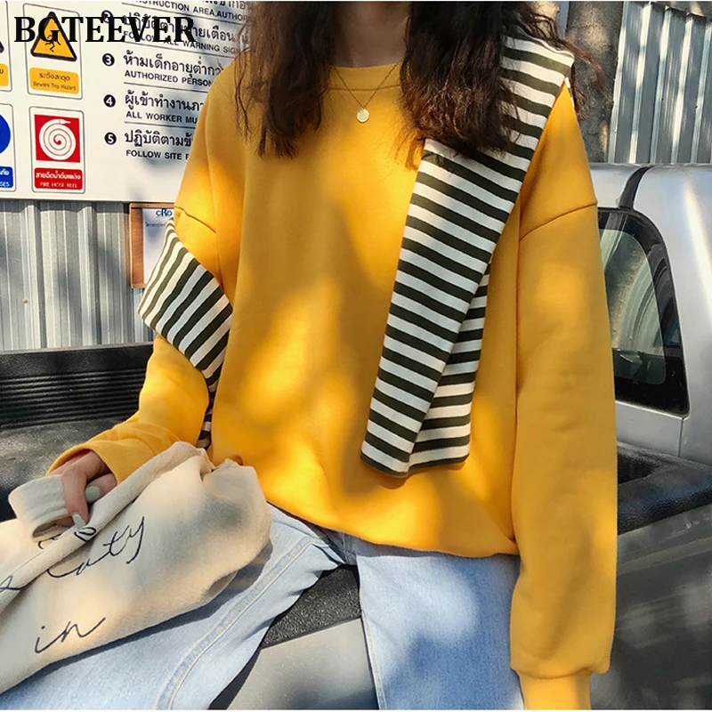  BGTEEVER Loose O-neck Women Sweatshirt Candy Color Full Sleeve Hoodies Female Sweatshirts Casual Tr