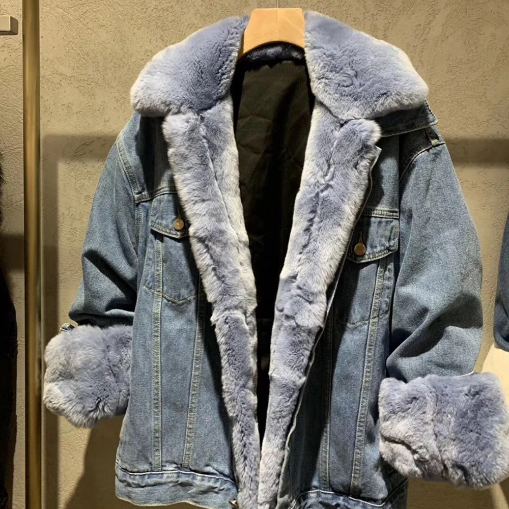Blue Джинсовая куртка с мехом натуральный Рекс подкладка из кролика для женщин Новая модная базовая парка джинсовые меховые куртки зимнее пальто для женщин - Цвет: Blue