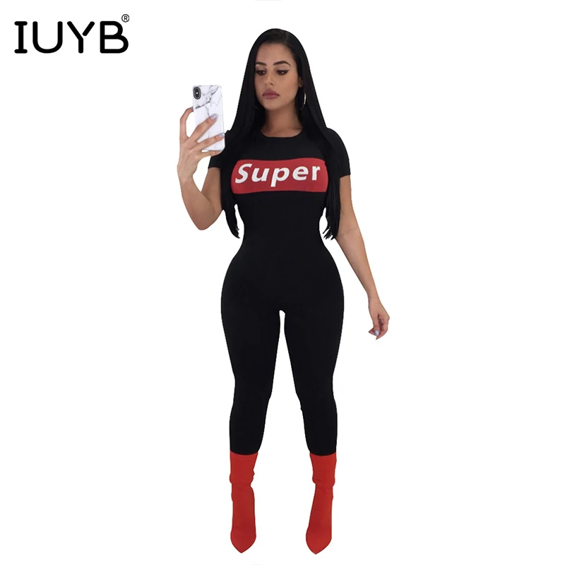 

IUYB Spring 2019 Hot Casual Design High Popular Women Jumpsuits Letter O-neck Short Sleeve Skinny Tracksuits Romper SN3278