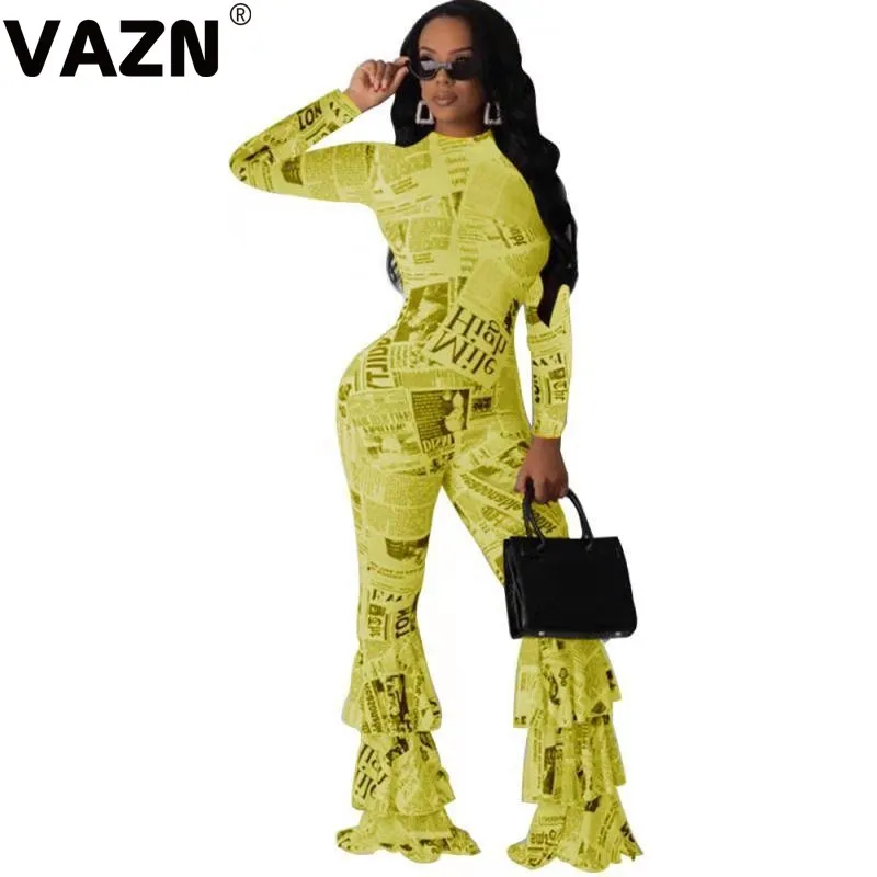 VAZN FST7055, новинка, комбинезон, сексуальный, винтажный, с буквенным принтом, круглый вырез, длинный рукав, эластичная, высокая талия, женские длинные сапоги, Комбинезоны