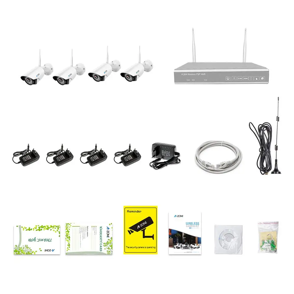 A-ZONE, CCTV камера, система безопасности, комплект, беспроводной, 8 каналов, 4 шт., 1080 P, МП, NVR, IP67, водонепроницаемый, P2P, домашняя, Wifi, система видеонаблюдения
