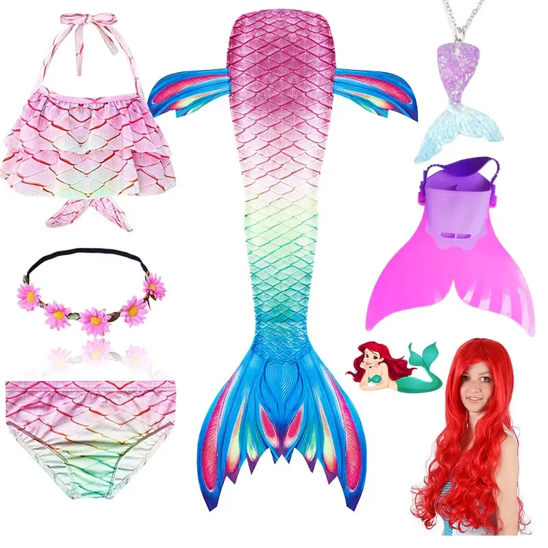 Женский детский русалочий костюм, костюм для плавания- купальник, парик, хвост, пристегивающийся моноласт, для девочек