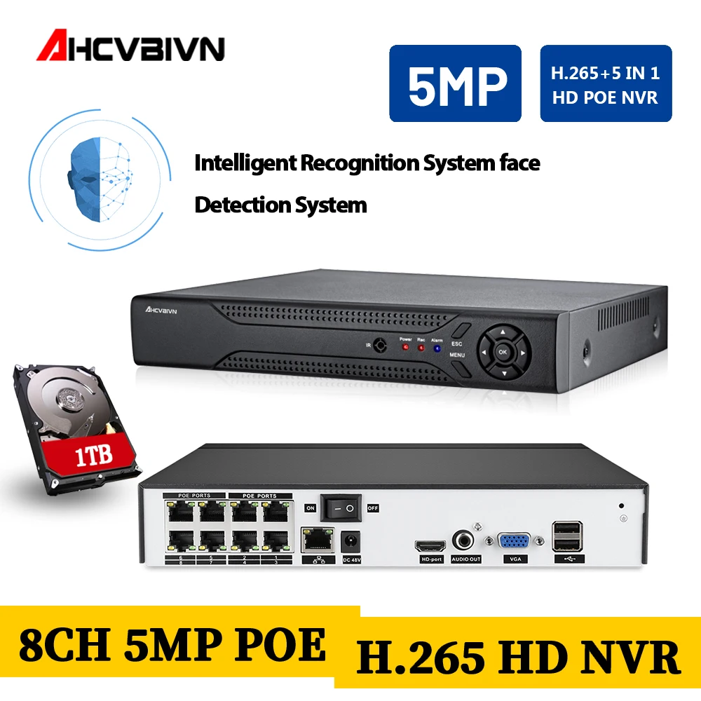 Сетевой видеорегистратор H.265 8 каналов * 5 Мп 4 канала/8 PoE NVR 4/8 HD Мп/1080P IP камера 802.3af