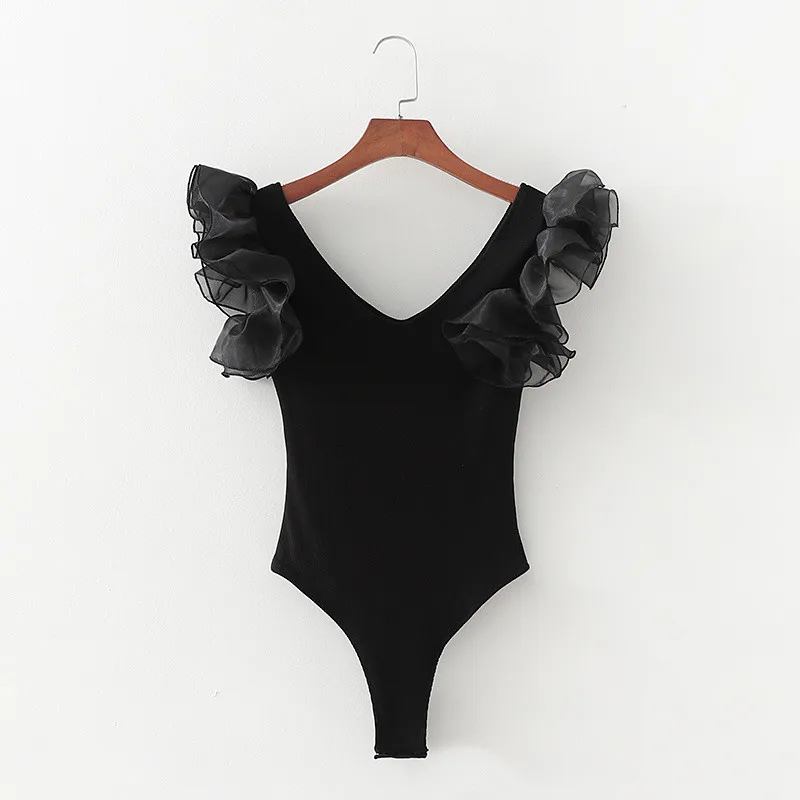 Body ajustado de malla de moda para mujer, bodys ajustados negros de retales, volantes en cascada para mujer, Top Sexy de manga corta con cuello en V