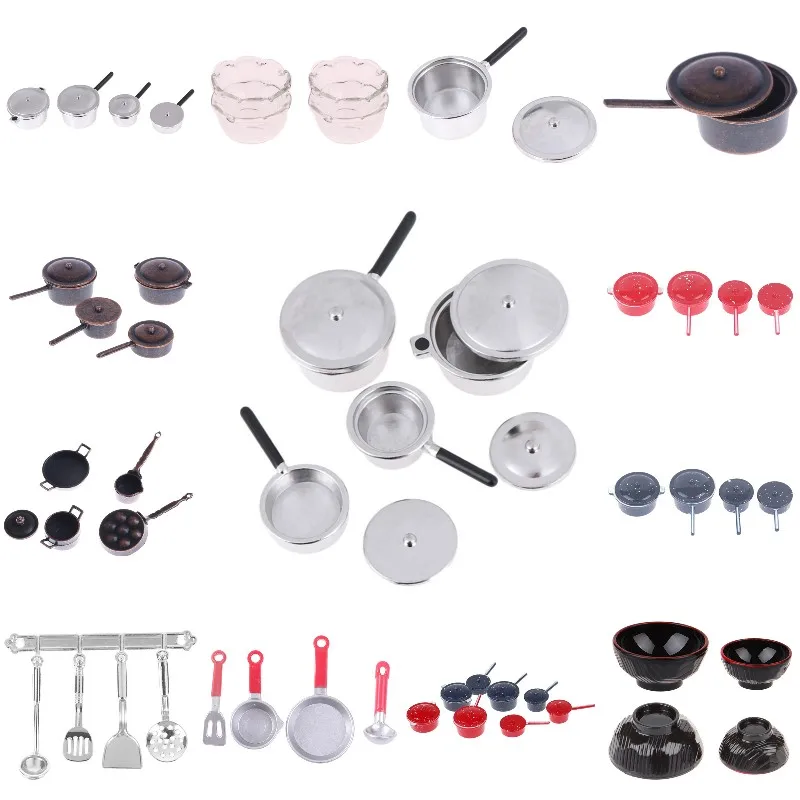 

1 Set 1:12 Dollhouse Miniature Cooking Pot Frying Pan Pot Milk Pot Set Bowl Dish Tableware Cookware Tools Kitchen Dining Deco