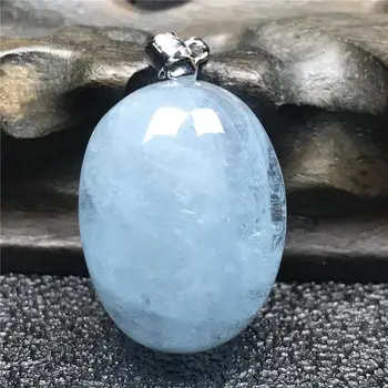 

Genuine Blue Aquamarine Pendant Jewelry For Woman Lady Men Clear Gemstone Silver 27x21x15mm Oval Beads Necklace Pendant AAAAA