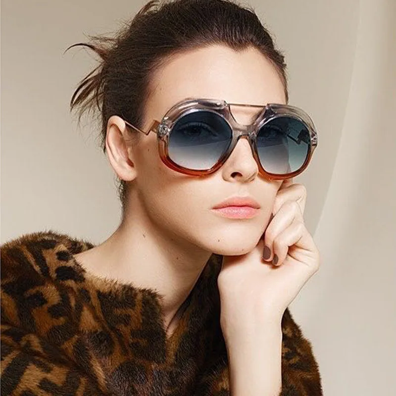 

GIFANSEE women oversize sunglasses round gradient vintage design brand retro luxury uv400 flat top glasses