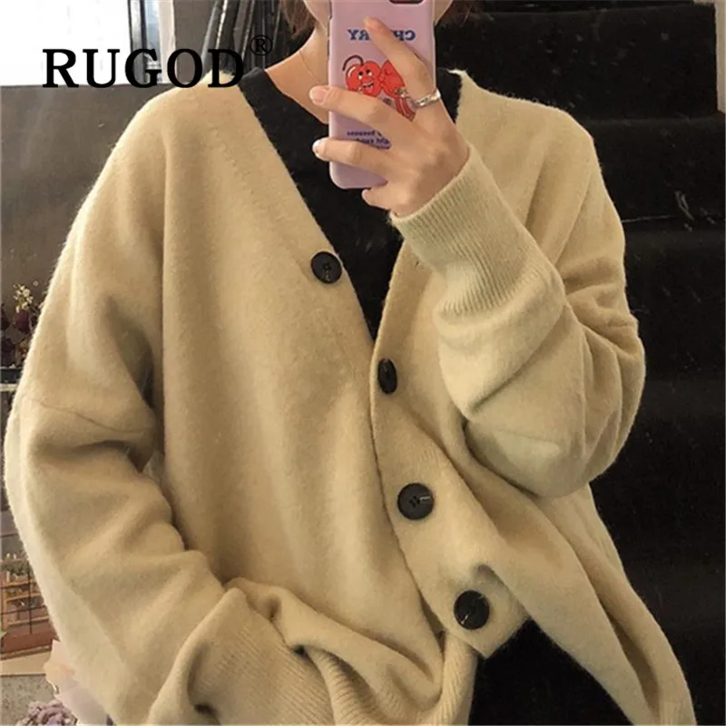 RUGOD, корейский теплый женский свитер, кардиганы, v-образный вырез, однобортный, однотонный, свободный, вязаный, пальто, модный, женский, Повседневный, свитер, осень