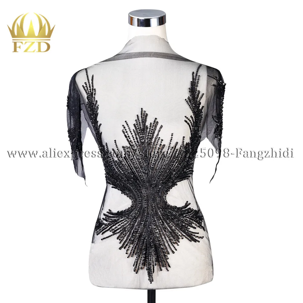 FZD 1 PC Party Black Cutting patches Bugle beads decorative patch for Wedding Dresses, DIY Decorative Women Clothes Handsewn