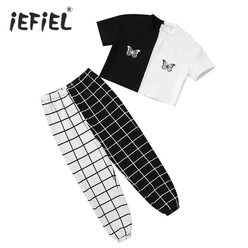 4-16Y Kids Girls Clothes Sets Butterfly Print Crop Tops+Plaid Pants Children Clothing Summer Teen Workout Dancewear Sports Sets