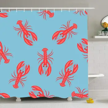 

Shower Curtain Set with Hooks 72x78 White Pattern Abstract Lobsters On Blue Decor Food Elements Animals Wildlife Textures