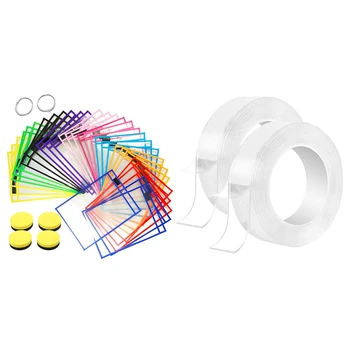 

30Pcs Dry Erase Pockets Reusable Sleeves Clear & 2Pcs Reusable Double-Sided Tape Nano Tape 1Mm Thick 5Mx3Cm