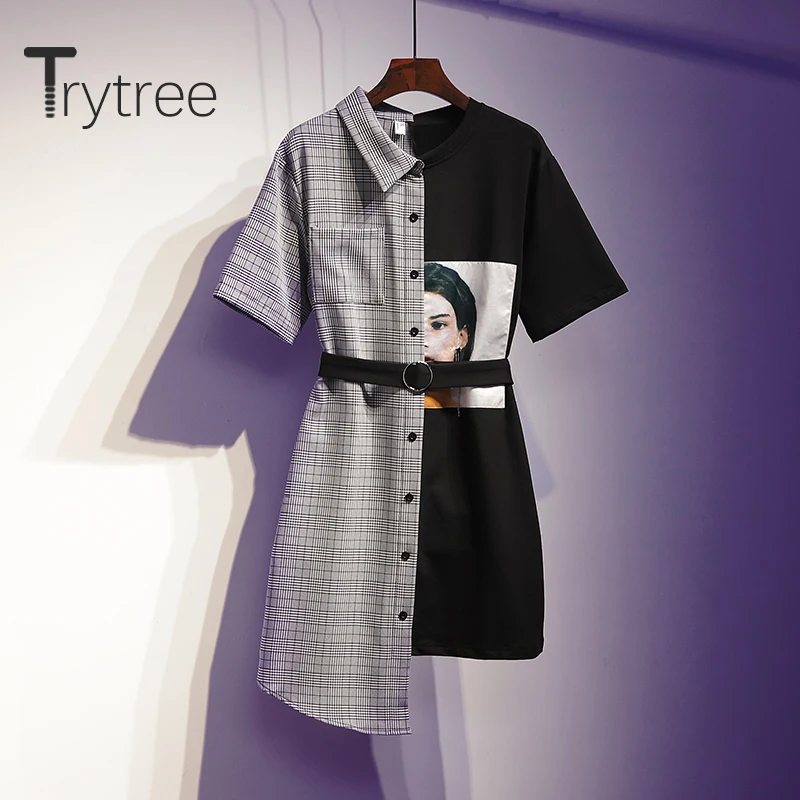 Trytree 2020 осеннее женское платье повседневное лоскутное с пуговицами и принтом