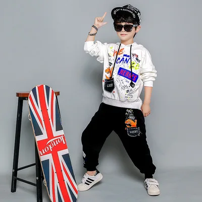 White Boys Fall Long Sleeve Clothing Set Children's Cartoon Printing Sweater Suit Teenager Kids Fashion Breaking Dancing Clothes P102 - Color: White