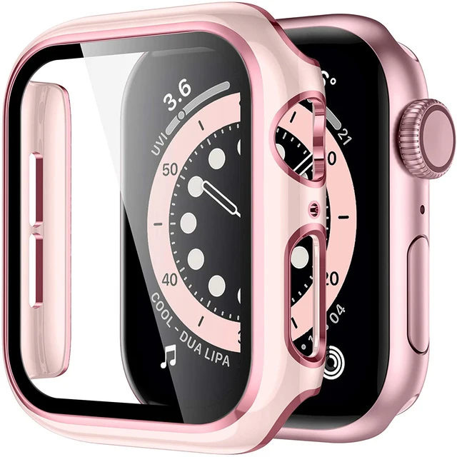Full Screen Protector Bumper Frame Case for Apple Watch 6/SE/5/4/3/2/1 Cover Slim Tempered Glass Film for iWatch 4/5 Sand powder pink