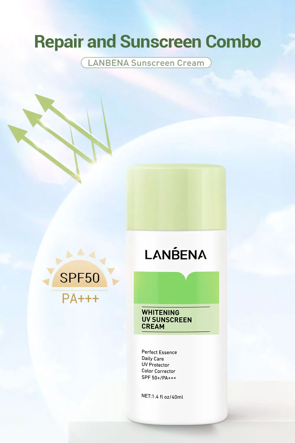 LANBENA Green Whitening Uv Sunscreen Cream SPF50+++ 40ml Hfa4ed6faa6f74a2799f5ad416f665ad1V