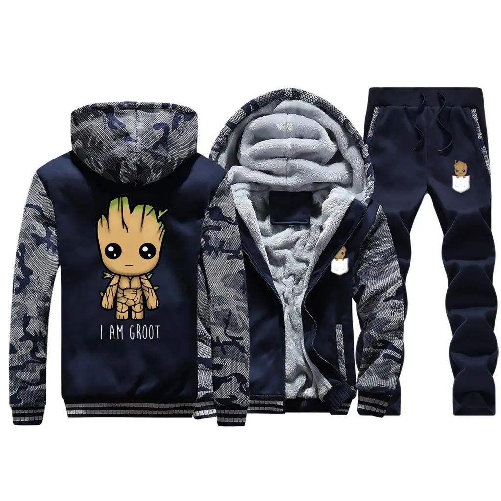 Dark Blue I Am groot, мужские толстовки с капюшоном, зимние толстовки, высокое качество, теплый костюм Groot, мужская куртка+ штаны, комплекты из 2 предметов, Мужская Уличная одежда - Цвет: Dark Blue